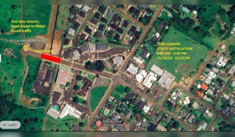 Kīlauea Commuters Alert as Ala Namahana Parkway Lane Closes for Electrical Work November 18 to 27
