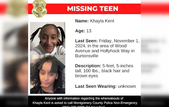 Montgomery County Police Seek Public's Help in Search for Missing 13-Year-Old Khayla Kent