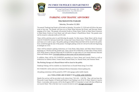 Plymouth Thanksgiving Parade to Impact Traffic and Parking, Police Issue Advisory for Visitors and Residents