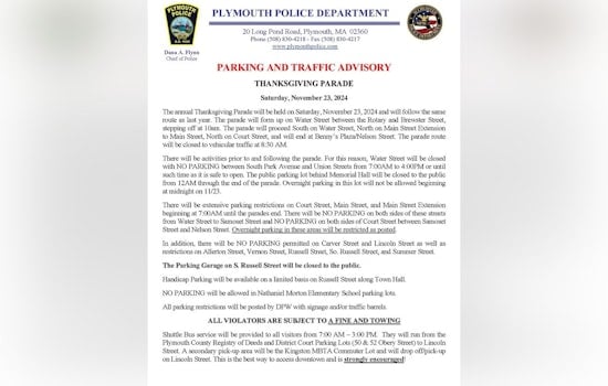 Plymouth Thanksgiving Parade to Impact Traffic and Parking, Police Issue Advisory for Visitors and Residents