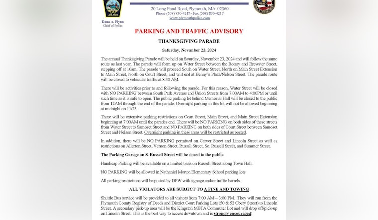 Plymouth Thanksgiving Parade to Impact Traffic and Parking, Police Issue Advisory for Visitors and Residents