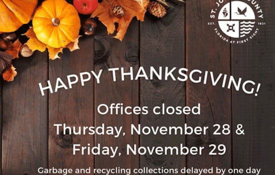 St. Johns County Offices and Libraries to Close for Thanksgiving; Altered Waste Collection Schedule Announced