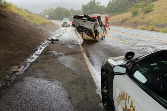 Driver Escapes with Minor Injuries After Car Plunges from US-101 to SR-128 Near Cloverdale