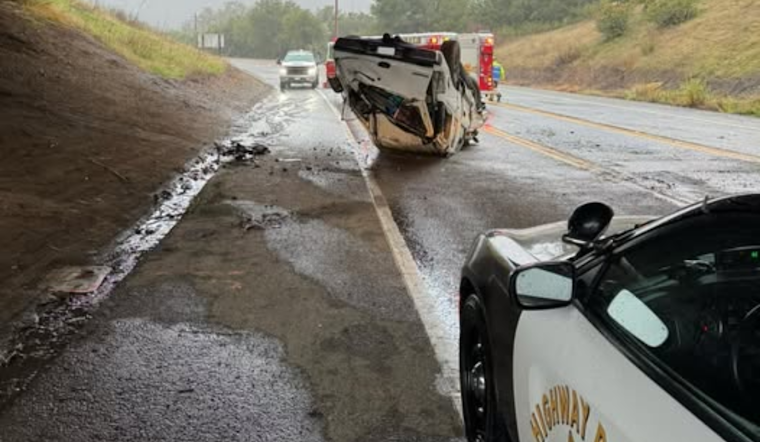 Driver Escapes with Minor Injuries After Car Plunges from US-101 to SR-128 Near Cloverdale