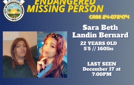 Homestead Police Appeal for Public's Assistance in Locating Endangered 22-Year-Old Sara Beth Landin Bernard