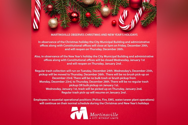 Martinsville Announces Holiday Schedule, City Offices to Close Early for Christmas, Adjustments for Trash Collection
