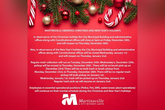 Martinsville Announces Holiday Schedule, City Offices to Close Early for Christmas, Adjustments for Trash Collection