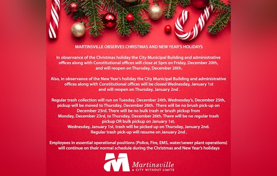 Martinsville Announces Holiday Schedule, City Offices to Close Early for Christmas, Adjustments for Trash Collection