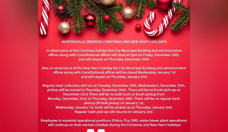 Martinsville Announces Holiday Schedule, City Offices to Close Early for Christmas, Adjustments for Trash Collection