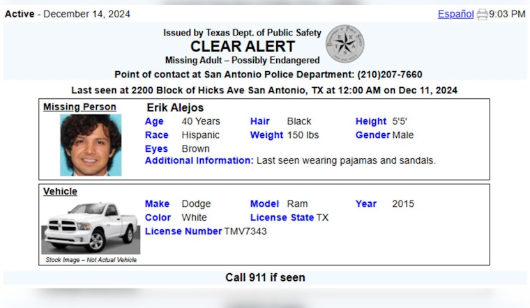 Missing San Antonio Man Erik Alejos Found Safe After CLEAR Alert Issued