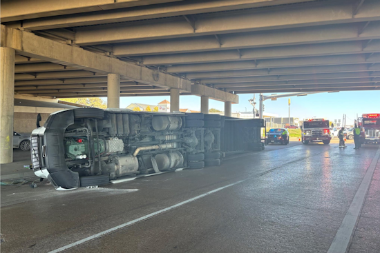 No Injuries Reported as 18-Wheeler Overturns under I-35 Bridge Causing Traffic Snarl in Denton