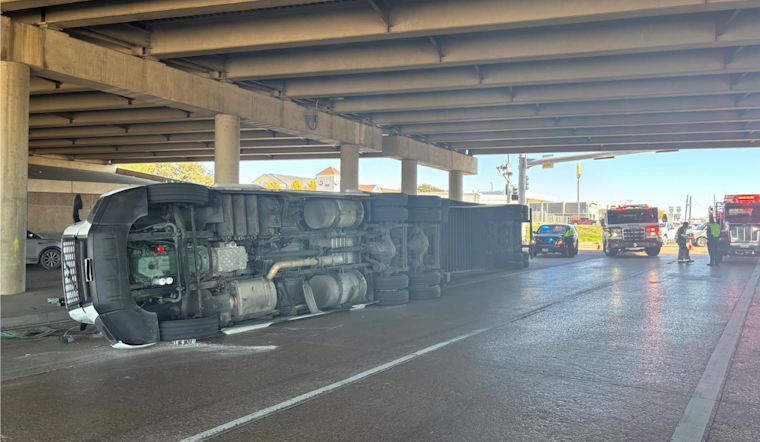No Injuries Reported as 18-Wheeler Overturns under I-35 Bridge Causing Traffic Snarl in Denton