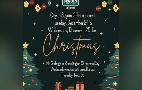 Seguin City Hall and Public Library to Close for Christmas; Adjusted Garbage Schedule Announced