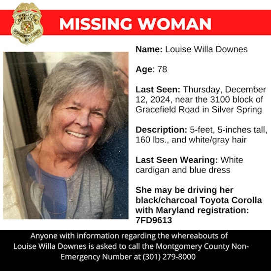 Urgent Search for Missing 78-Year-Old Louise Willa Downes in Silver Spring