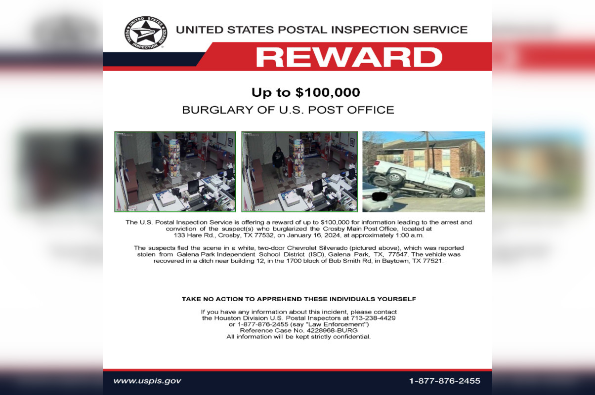 100,000 Reward Offered for Leads on Crosby Post Office Burglary, USPS