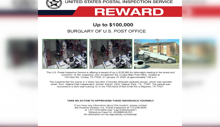 $100,000 Reward Offered for Leads on Crosby Post Office Burglary, USPS Battles Houston Backlogs