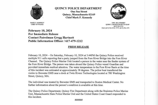 Individual Rescued from Frigid Waters After Leap from Fore River Bridge in Quincy, Condition Unknown