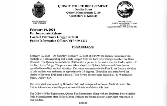 Individual Rescued from Frigid Waters After Leap from Fore River Bridge in Quincy, Condition Unknown