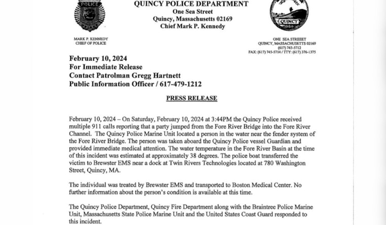 Individual Rescued from Frigid Waters After Leap from Fore River Bridge in Quincy, Condition Unknown