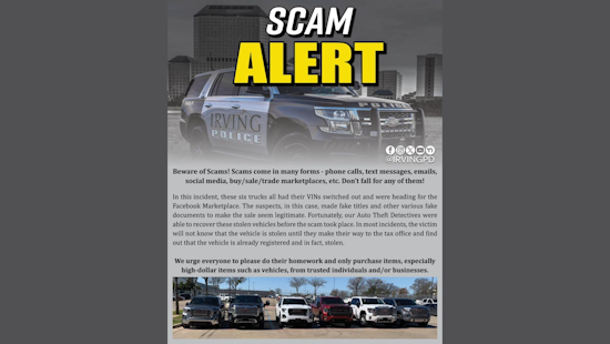 Irving Police Department Alerts to Scams Involving Falsified VINs in Used Truck Market