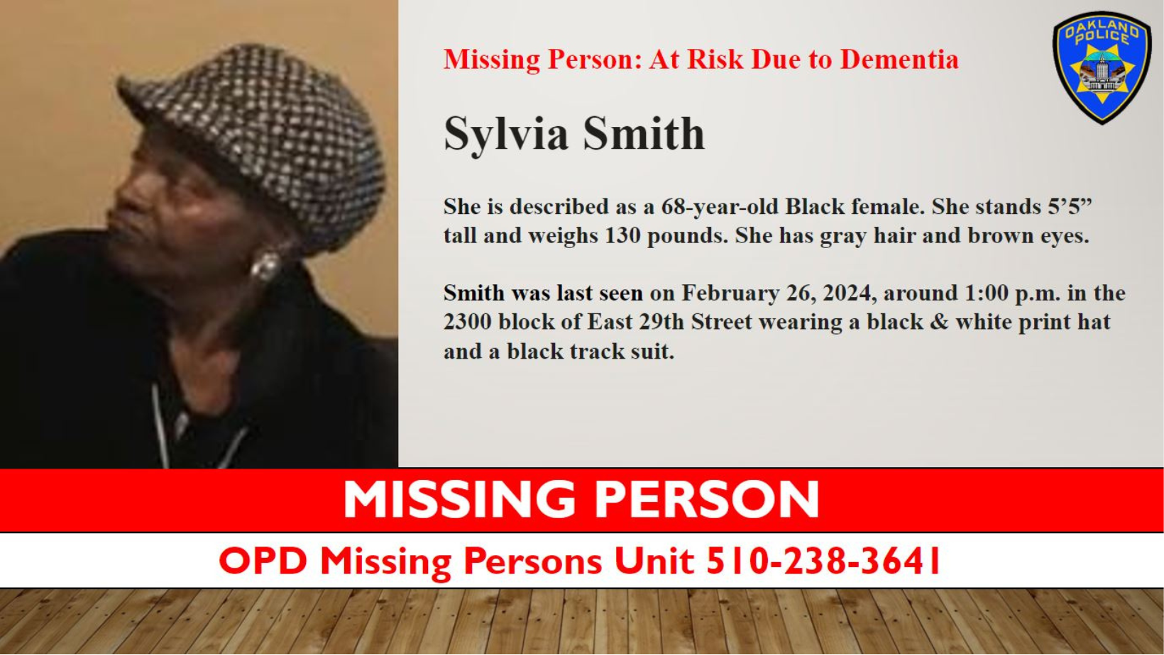 Oakland Police Issue Silver Alert For Missing Elderly Woman With