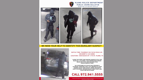 Plano Police Seek Public's Help in Identifying Suspect in Series of Early Morning Car Break-Ins