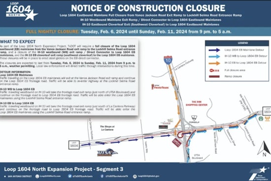 San Antonio Alert, Loop 1604 Eastbound Closures for Construction Until Sunday