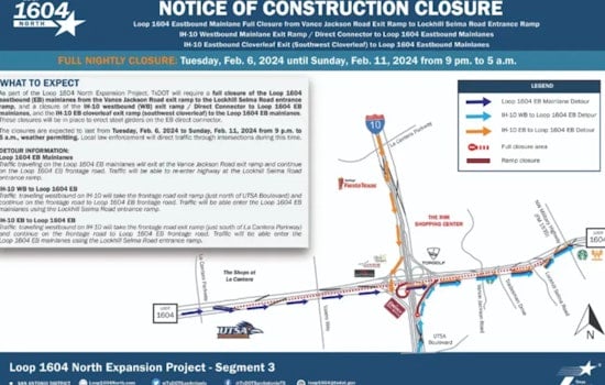 San Antonio Alert, Loop 1604 Eastbound Closures for Construction Until Sunday