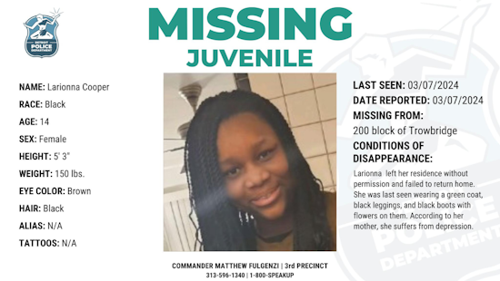 Detroit Police Seek Community Help in Finding Missing 14-Year-Old Larionna Cooper