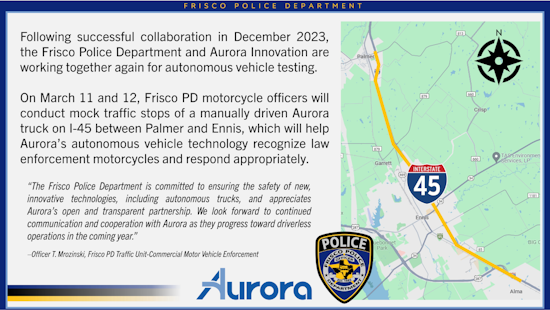 Frisco PD Joins Forces with Aurora Innovation for Self-Driving Truck Traffic Stop Drill on I-45