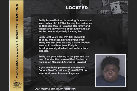 Hayward Resident Emily Turner-Madden Located Safely After Intensive Search Efforts by Alameda County Sheriff's Office