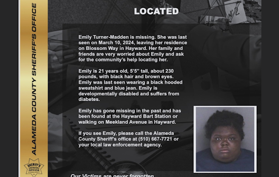 Hayward Resident Emily Turner-Madden Located Safely After Intensive Search Efforts by Alameda County Sheriff's Office