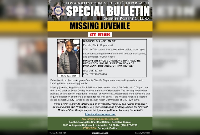 Los Angeles County Sheriff's Department Seeks Help to Find Missing 12-Year-Old Girl from Hawthorne