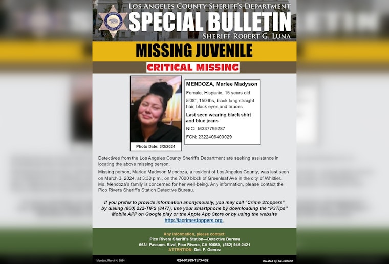 Los Angeles County Sheriff's Department Seeks Public's Help to Find Missing 15-Year-Old Girl in Whittier