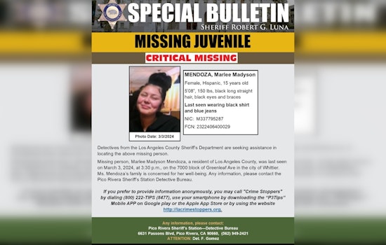 Los Angeles County Sheriff's Department Seeks Public's Help to Find Missing 15-Year-Old Girl in Whittier