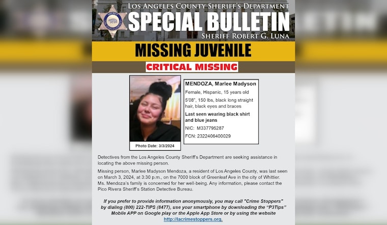 Los Angeles County Sheriff's Department Seeks Public's Help to Find Missing 15-Year-Old Girl in Whittier