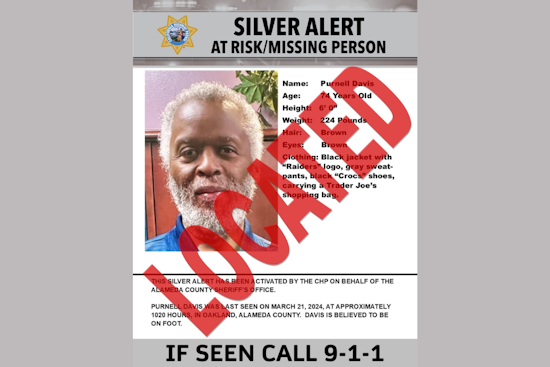 Missing 74-Year-Old Oakland Man Found Safe, Alameda Sheriff's Office Thanks Public for Aid
