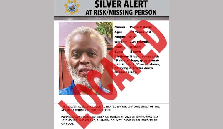Missing 74-Year-Old Oakland Man Found Safe, Alameda Sheriff's Office Thanks Public for Aid