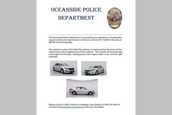 Oceanside Police Seek Community Help to Locate Suspect Vehicle in Fatal Hit-and-Run Case