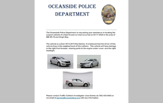 Oceanside Police Seek Community Help to Locate Suspect Vehicle in Fatal Hit-and-Run Case