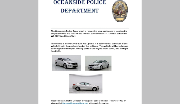 Oceanside Police Seek Community Help to Locate Suspect Vehicle in Fatal Hit-and-Run Case