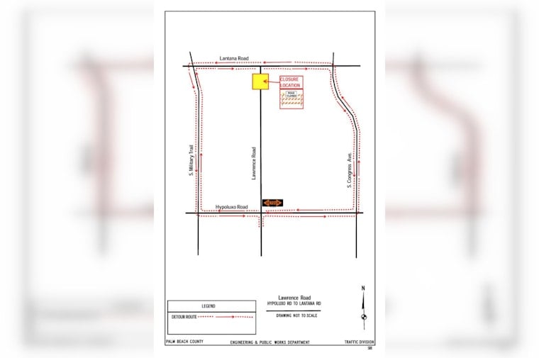 Palm Beach County Road Closure on Lawrence Road for Canal Work, Detours through Congress and Military Trail