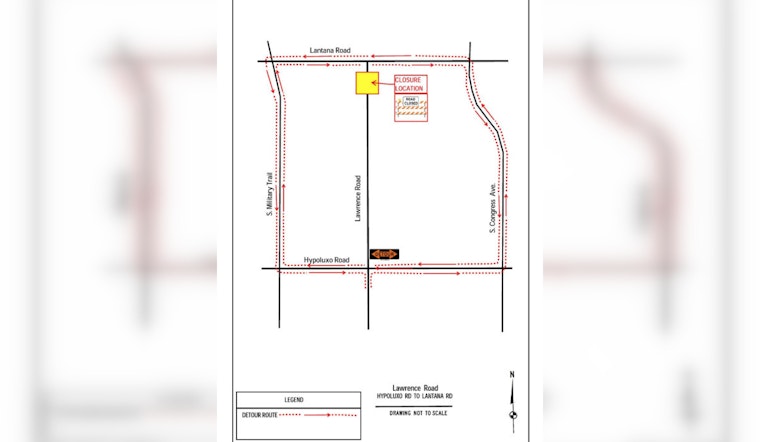 Palm Beach County Road Closure on Lawrence Road for Canal Work, Detours through Congress and Military Trail