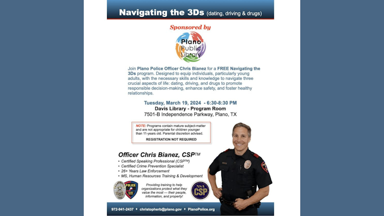 Plano Police Department to Host 'Navigating the 3Ds' Seminar for Youths at Davis Library