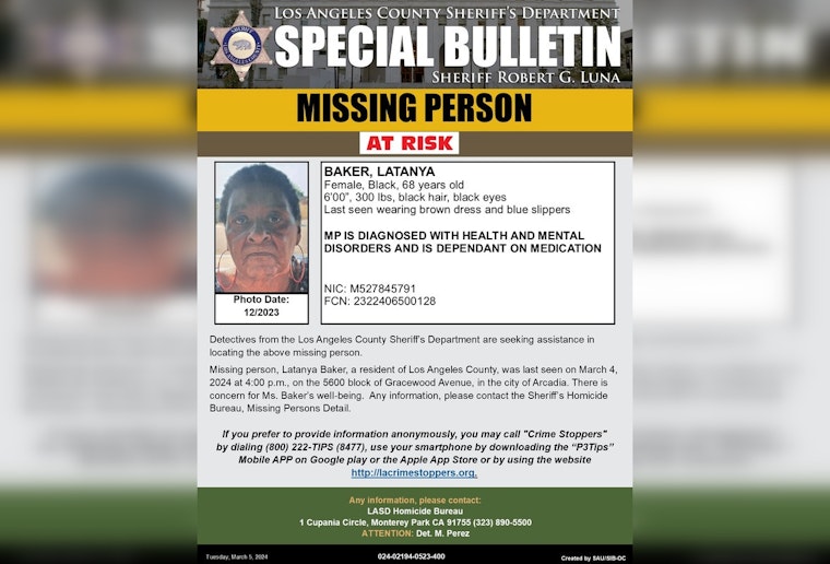 Urgent Search Underway for 68-Year-Old Latanya Baker Missing in Arcadia, L.A. County Sheriff Seeks Public's Help
