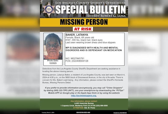 Urgent Search Underway for 68-Year-Old Latanya Baker Missing in Arcadia, L.A. County Sheriff Seeks Public's Help