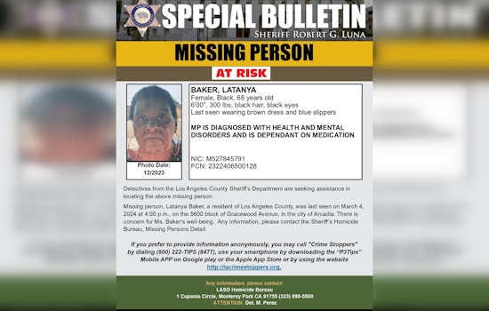 Urgent Search Underway for 68-Year-Old Latanya Baker Missing in Arcadia, L.A. County Sheriff Seeks Public's Help