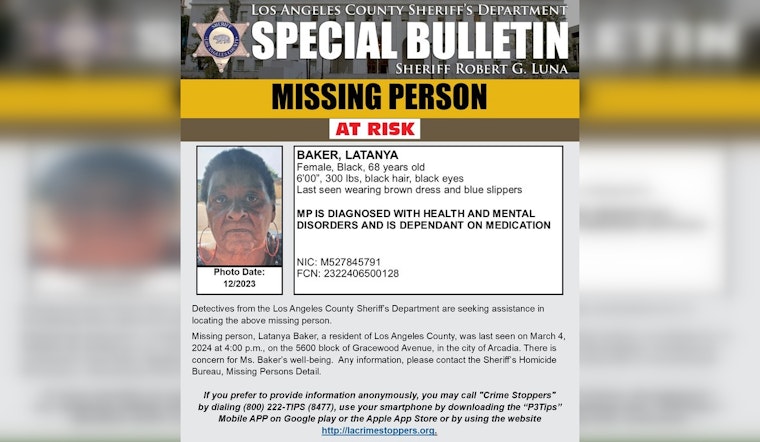 Urgent Search Underway for 68-Year-Old Latanya Baker Missing in Arcadia, L.A. County Sheriff Seeks Public's Help
