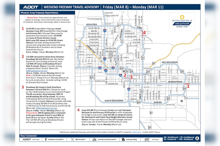Weekend Road Closures Spanning US 60, I-10, Loop 101 for Improvement Projects