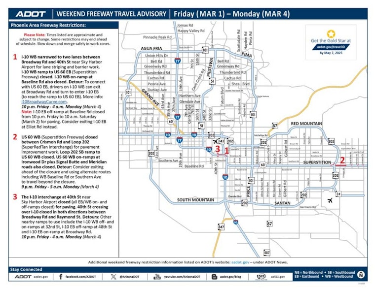 Weekend Traffic Alert, Closures on Westbound I-10 and US 60 for Improvement Projects in Arizona